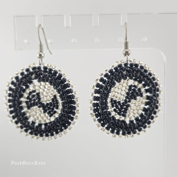 Handmade Black & Silver Beaded Earrings – 1.25" Diameter - Picture 2 of 15